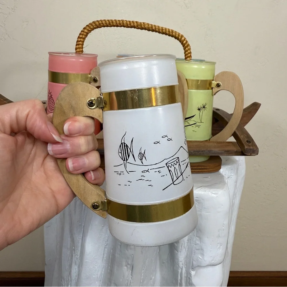 Vintage Siesta Ware Set of 6 Hawaiian Tiki Mugs & Wood Outrigger Canoe Carrier